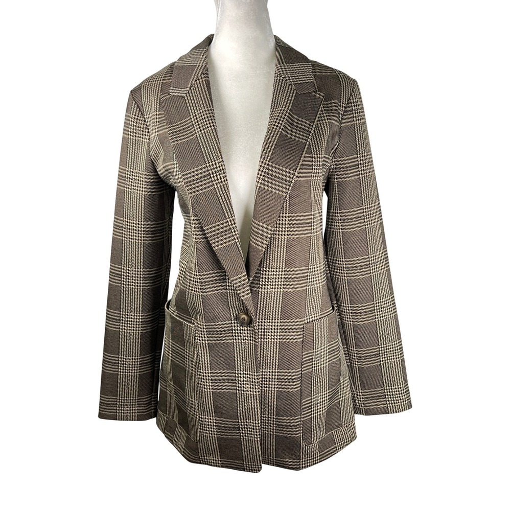 H&M Brown Plaid Single Button Blazer Jacket Size 8 Glen Check Pockets Neutral